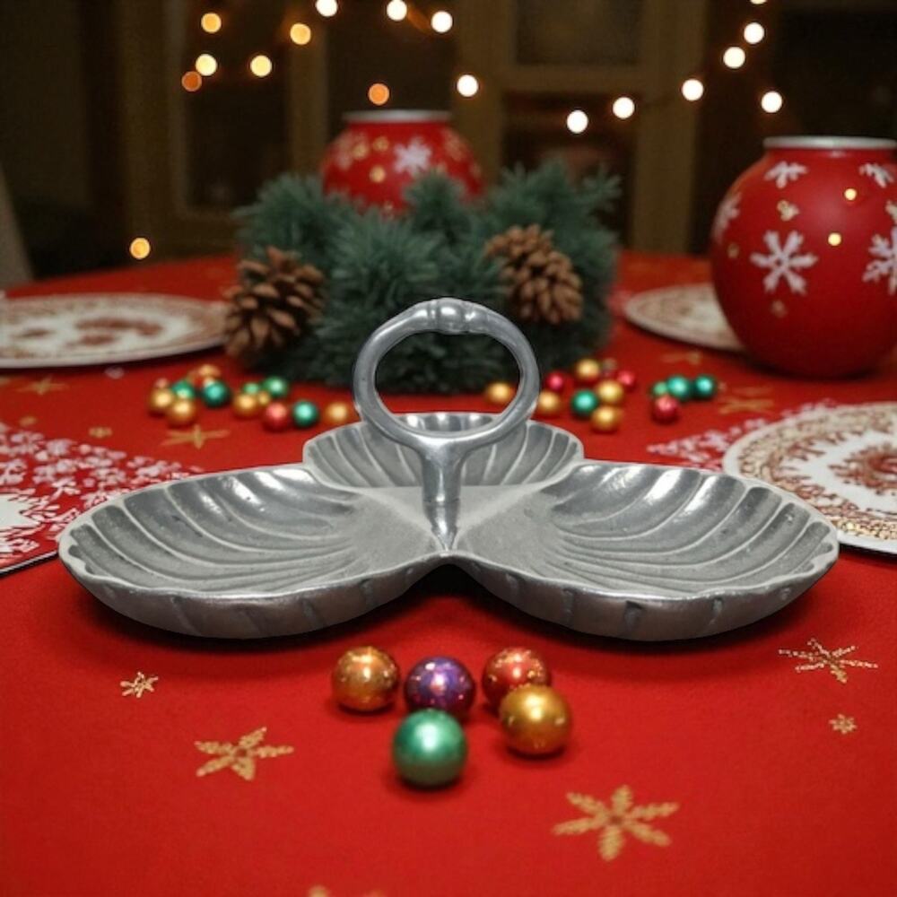 Petrina Argentina VTG Pewter 3 Shell Compartment Serving Nut Tray With Holder
